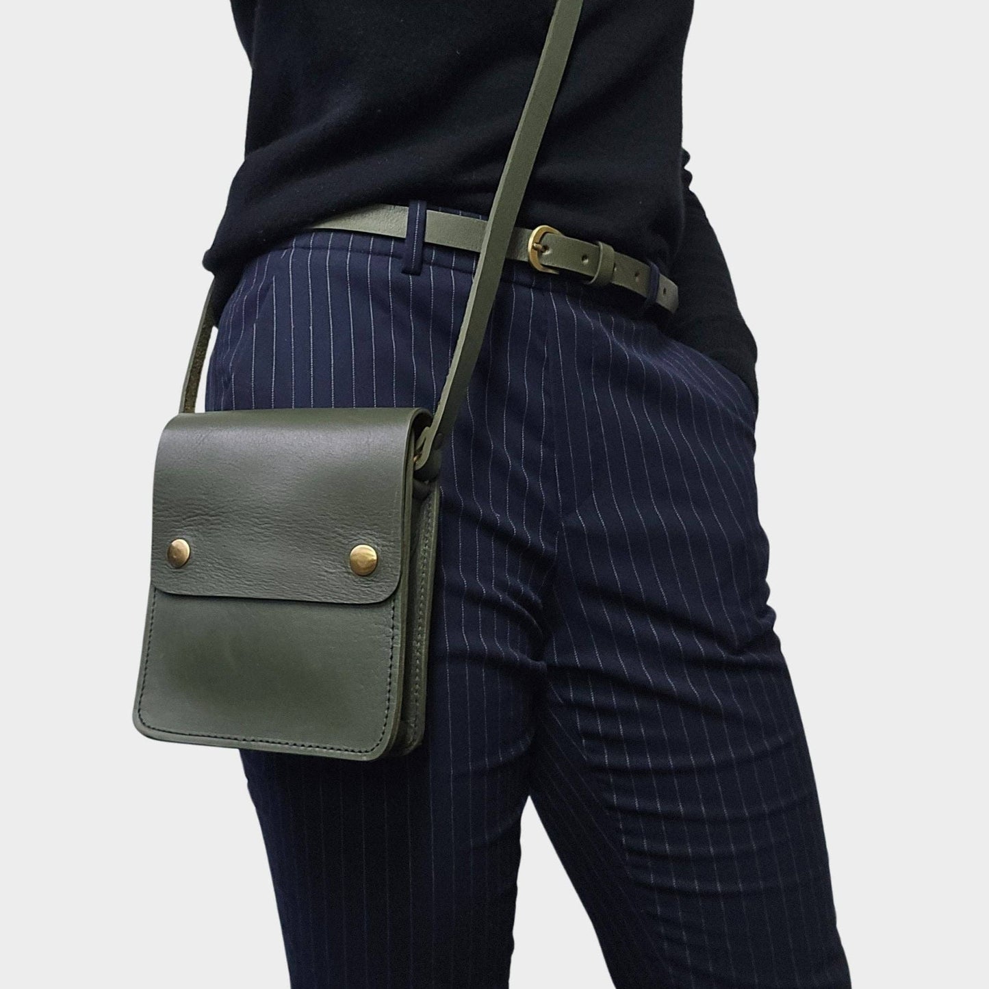 Olive Green Small Leather Crossbody Bag with Pop Closure