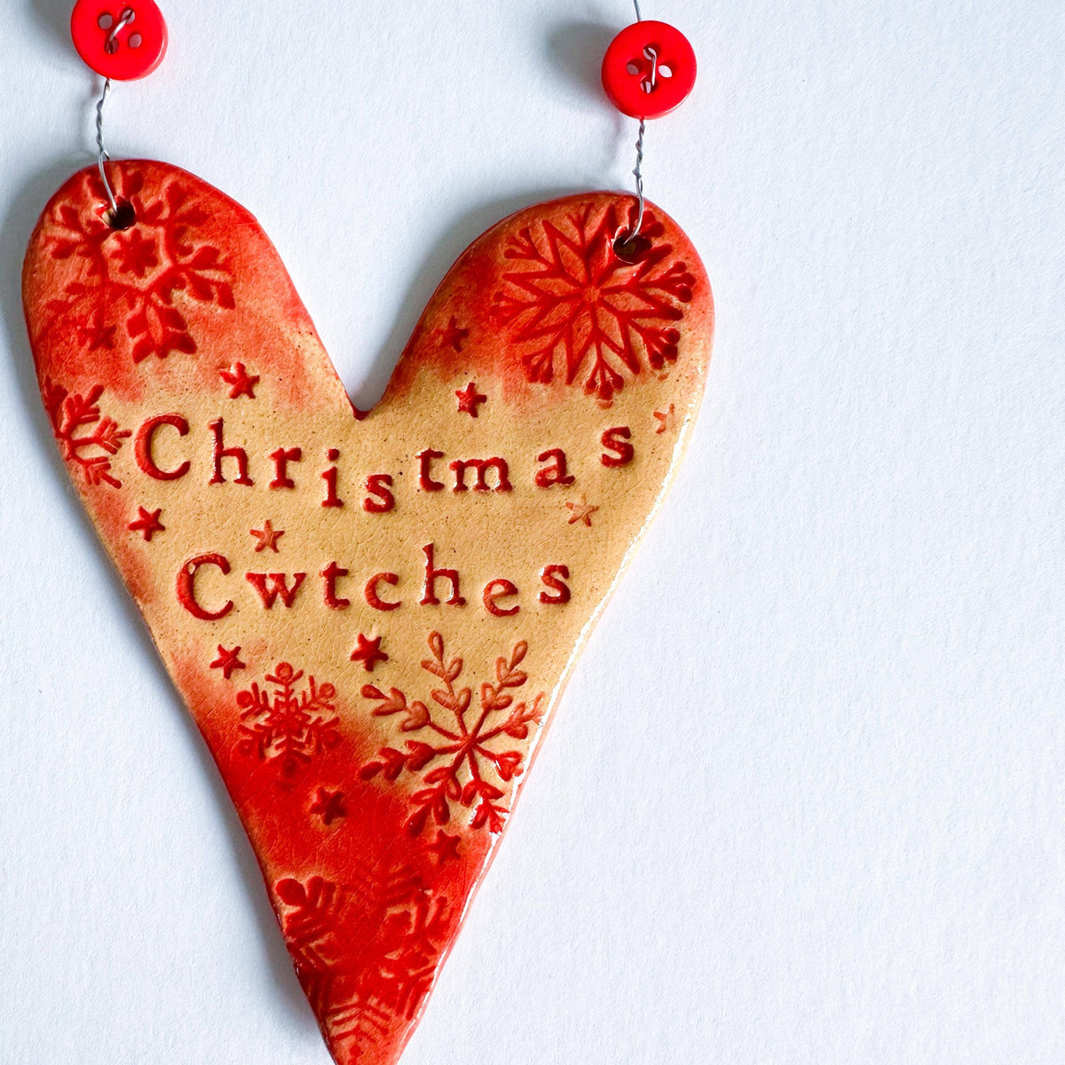 Ceramic Christmas Cwtches Heart Decoration Handmade in Wales