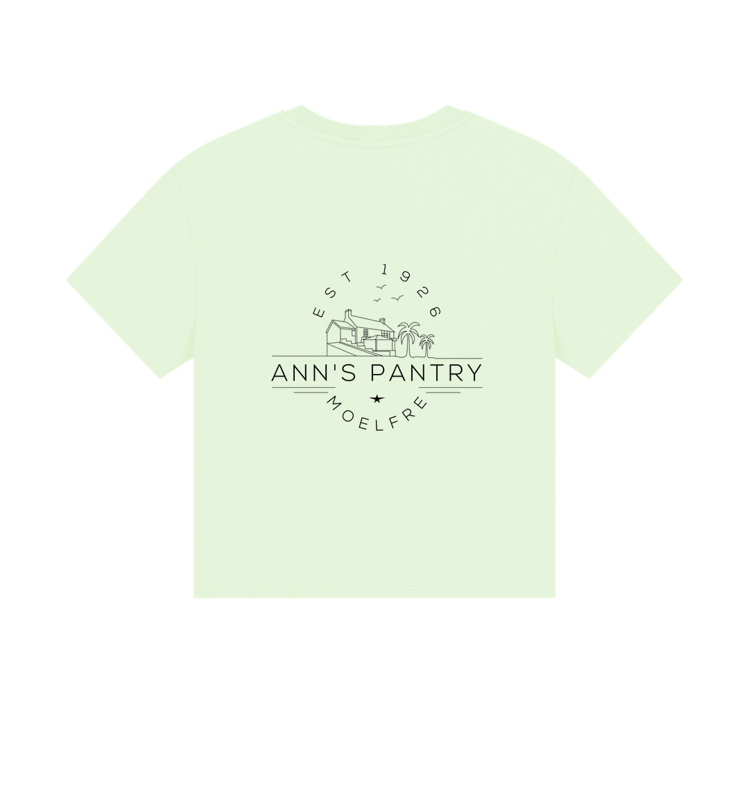 Pastel Green Ann's Pantry Ladies Boxy Tee Logo on back