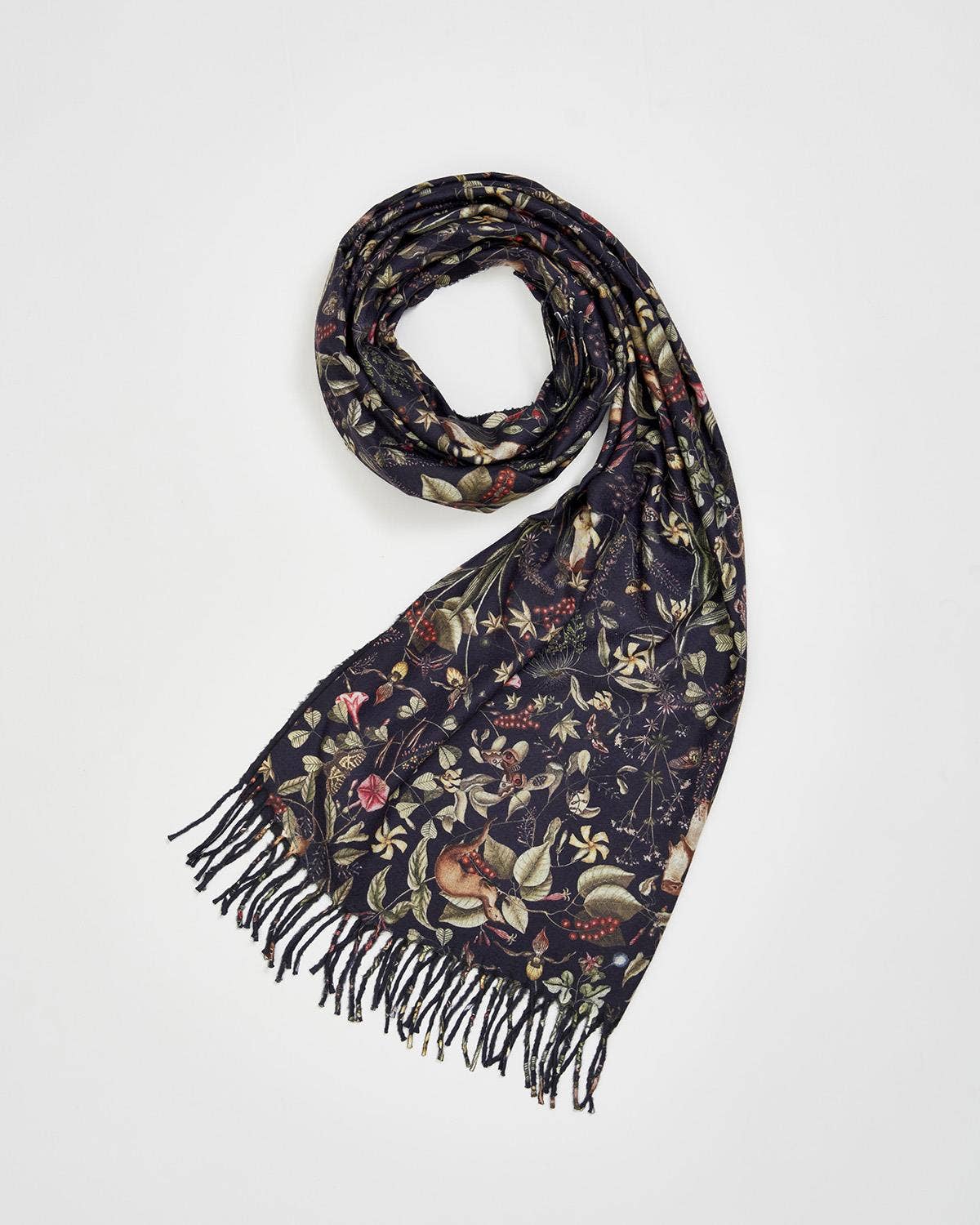 FABLE Wolf Garden Navy Scarf with Tassels