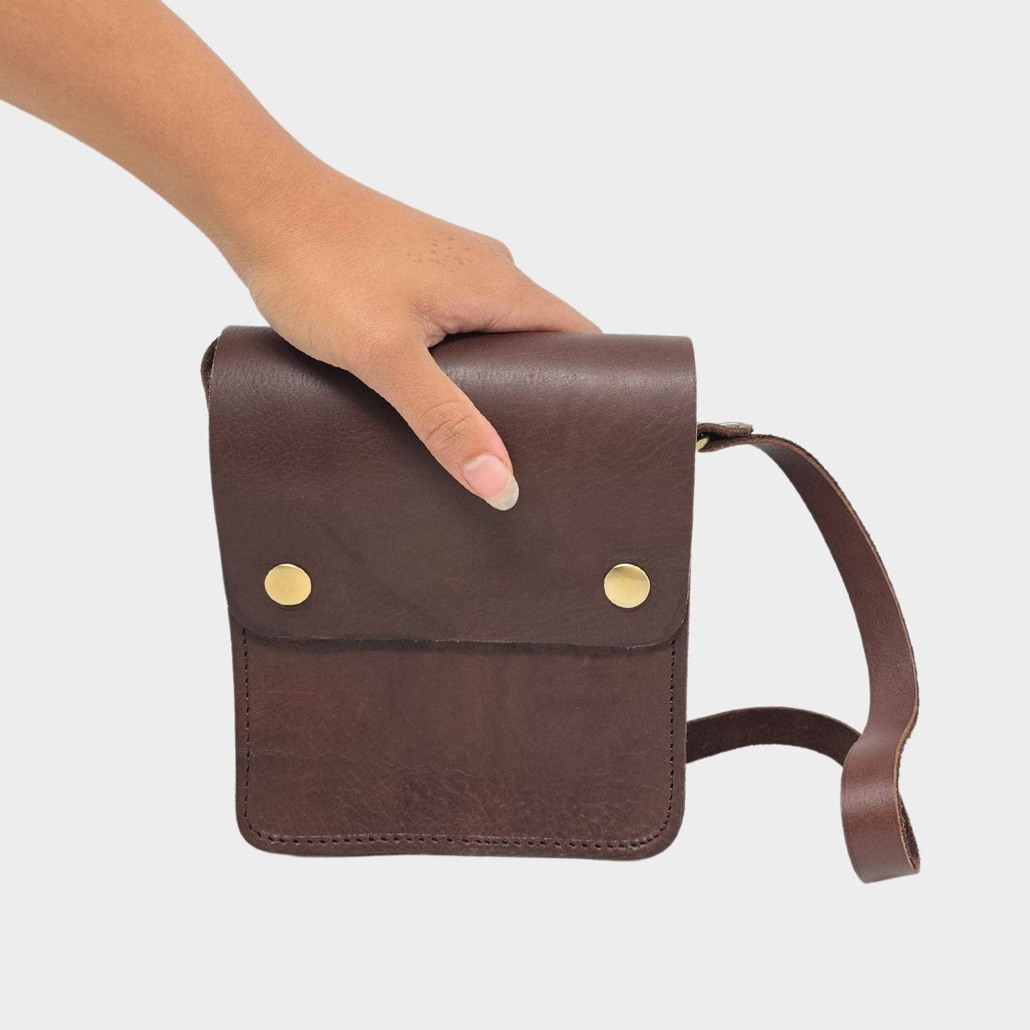 Small Leather Crossbody Bag with Pop Bag Closure Dark Brown