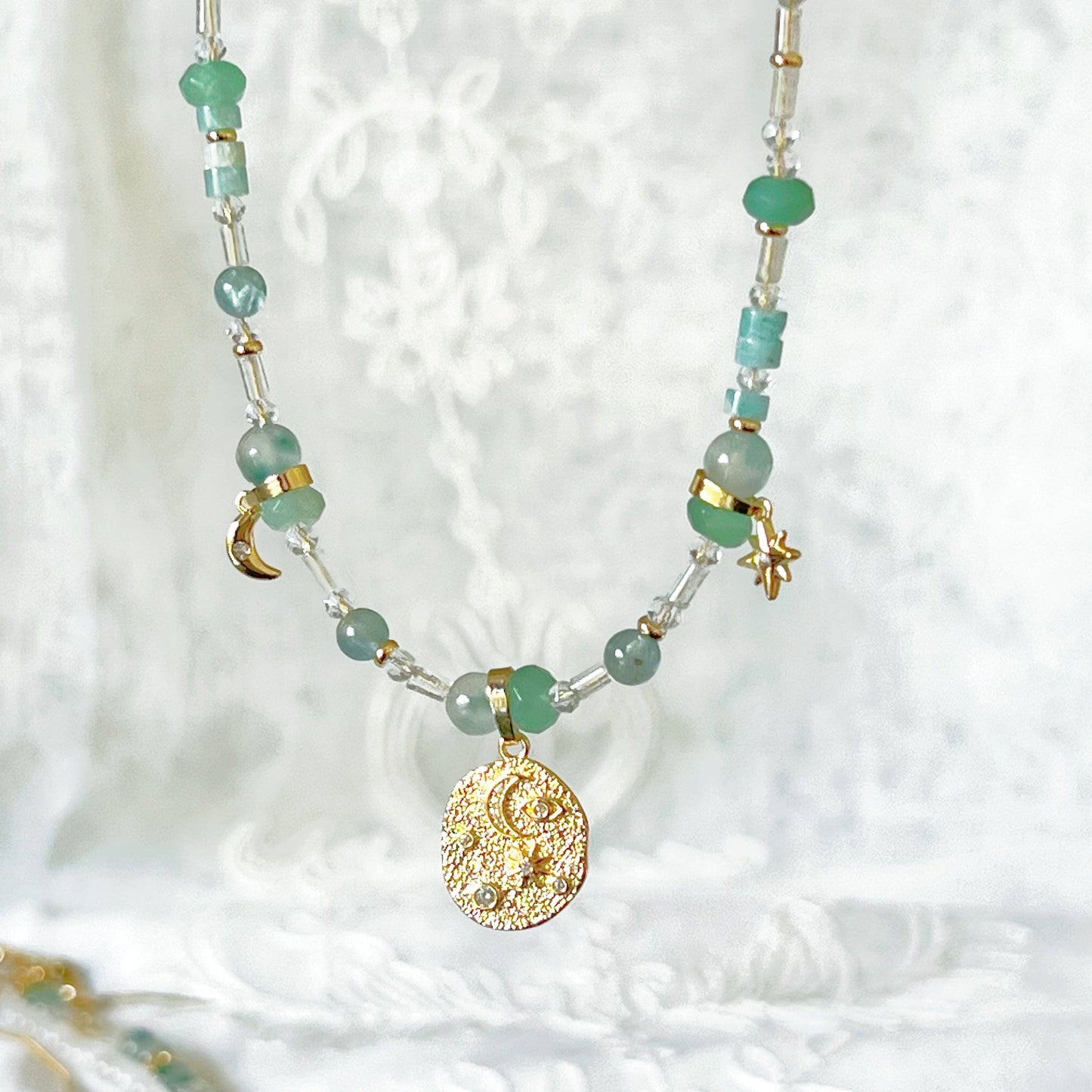 Ninaouity - Moon and Star Pendant with Green Jade Chain Necklace