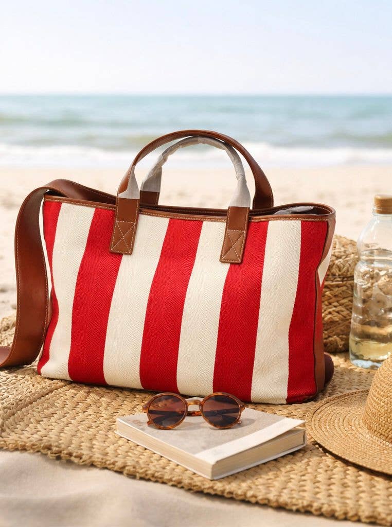 Tokeii Ltd - Canvas & Leather Stripe Tote Bag