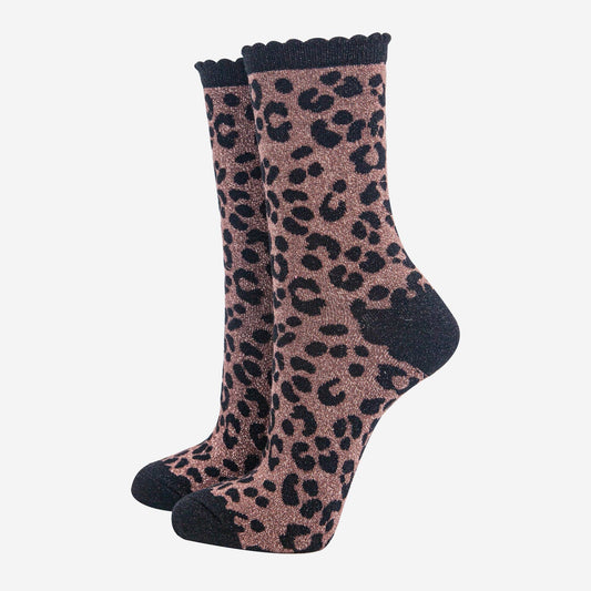 Leopard Combed Cotton Glitter Socks in Chocolate