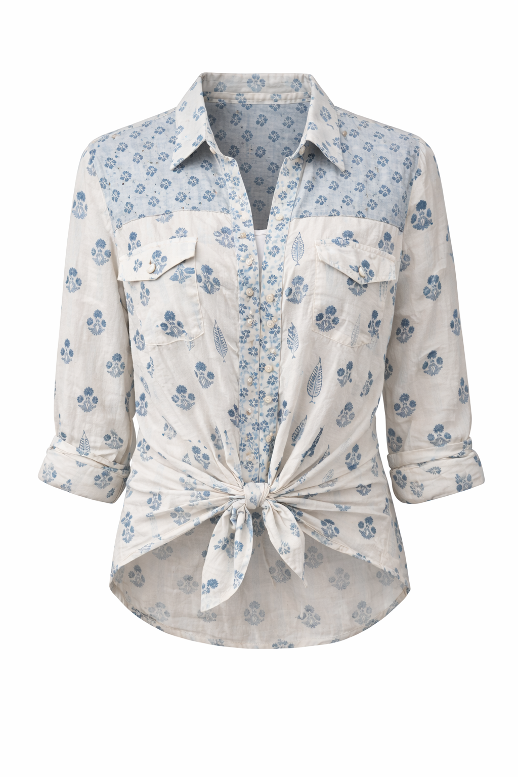 Western style woodblock printed cotton voile shirt.