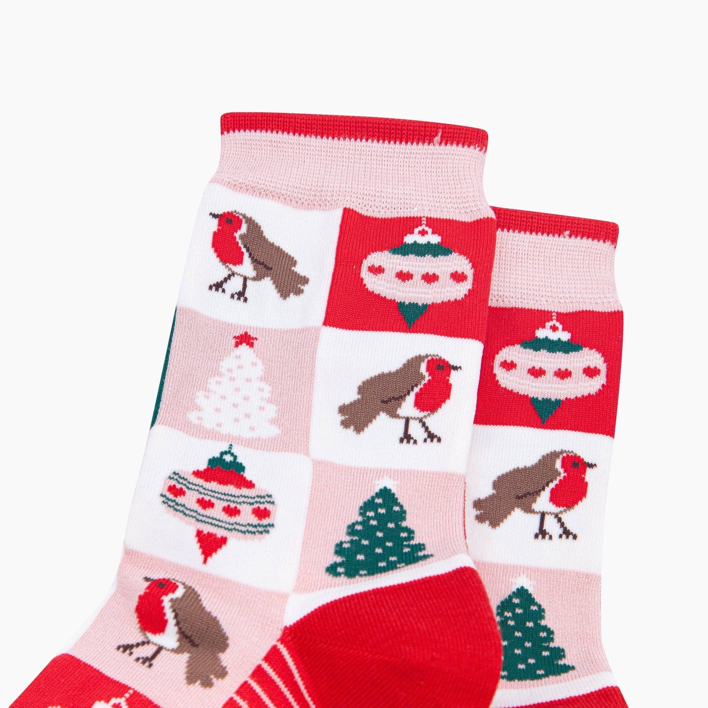 Christmas Tree Squares Women's Bamboo Socks in Soft Pink/Red