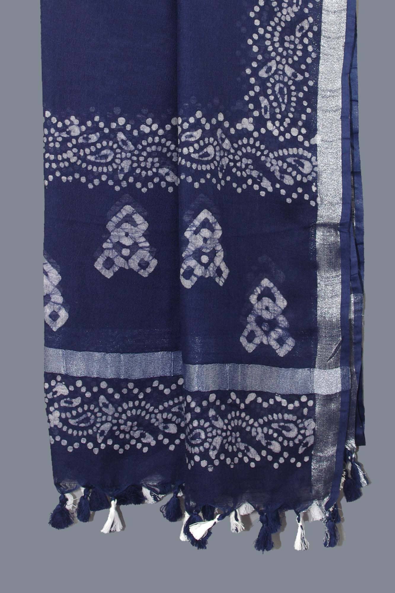 Kantha Decor - Linen Scarf / Stole with Tussle -Royal Blue Batik Print