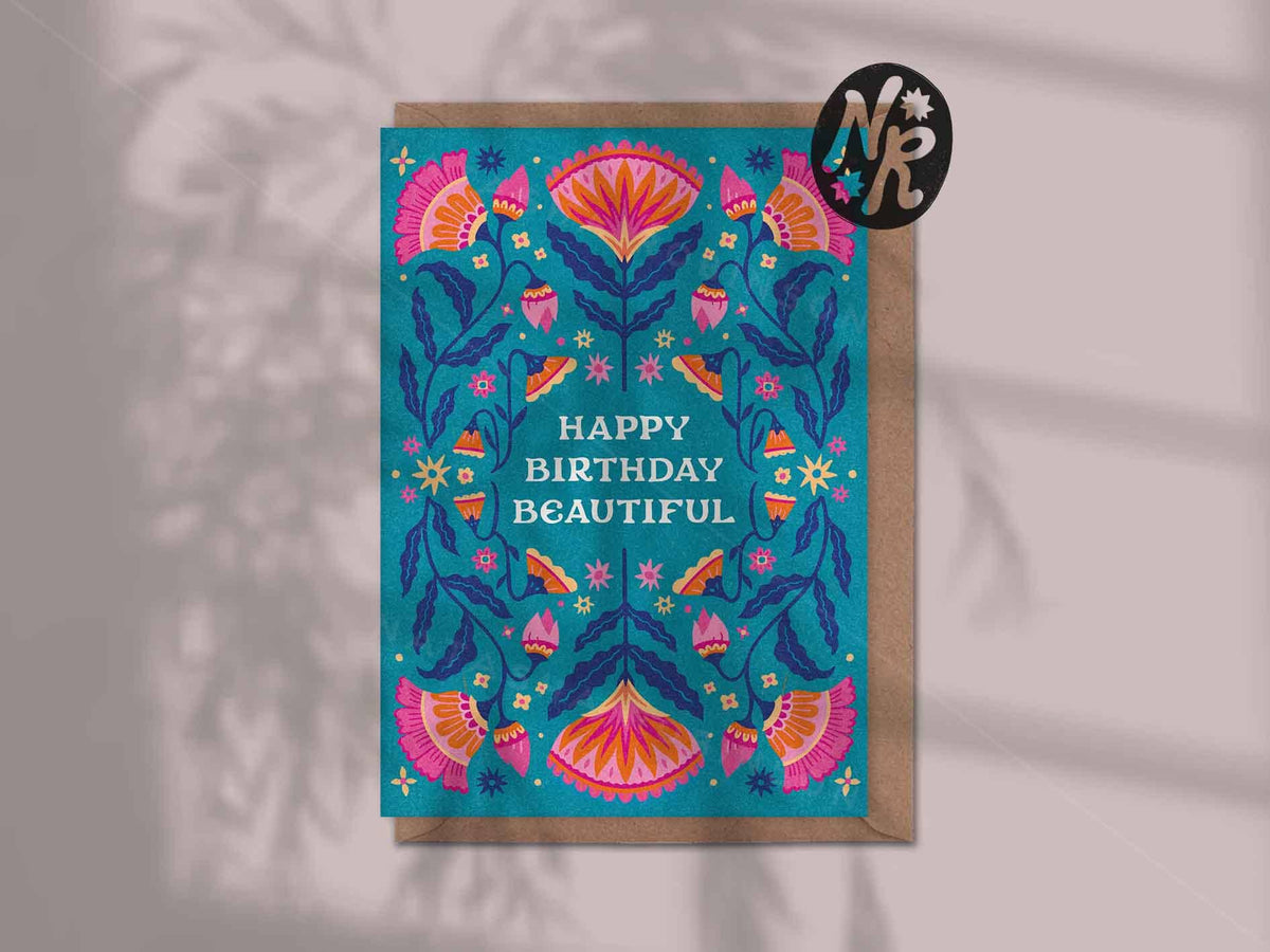 Natasha Robinson - Happy Birthday Beautiful | A6 Floral Folk Greetings Card