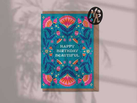 Natasha Robinson - Happy Birthday Beautiful | A6 Floral Folk Greetings Card
