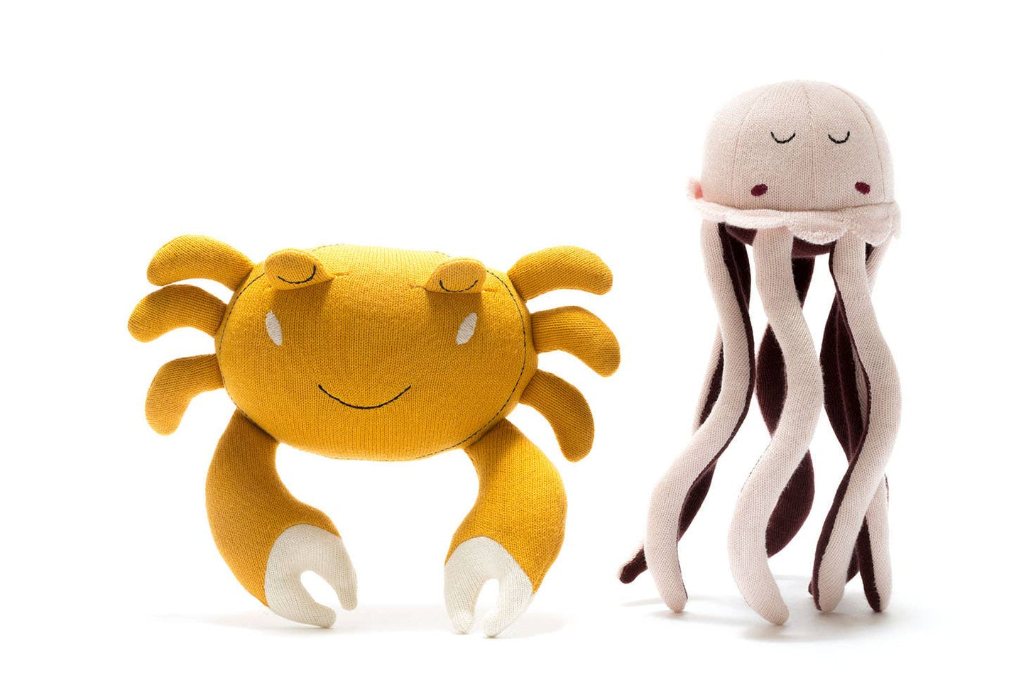 Crab Soft Toy, Knitted Tactile Organic Cotton in Mustard