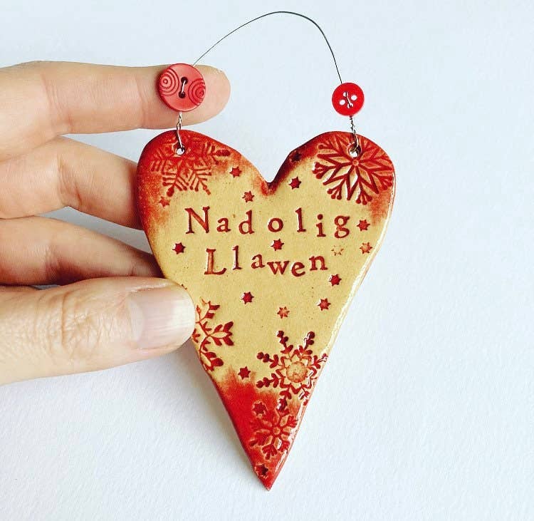 Nadolig Llawen Welsh Ceramic Heart/Star Decoration