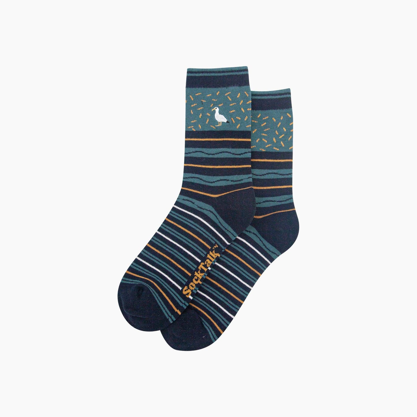 Seagull Combed Cotton Pattern Embroidered Socks in Teal/Navy Blue