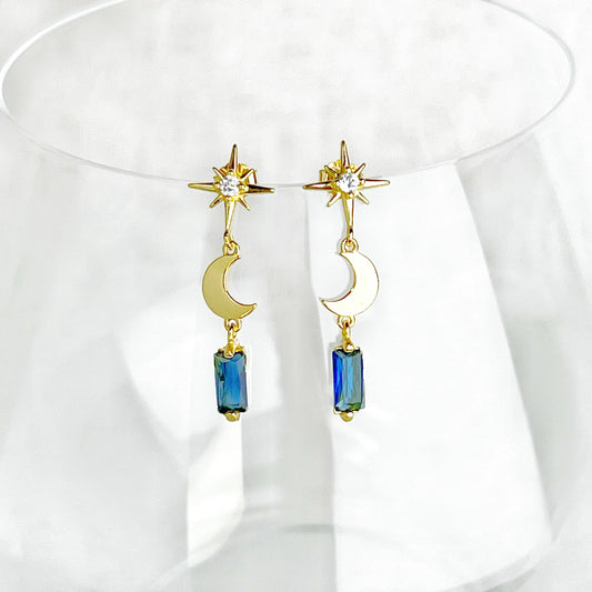 Ninaouity Gold Moon and Star Navy Crystal Earrings