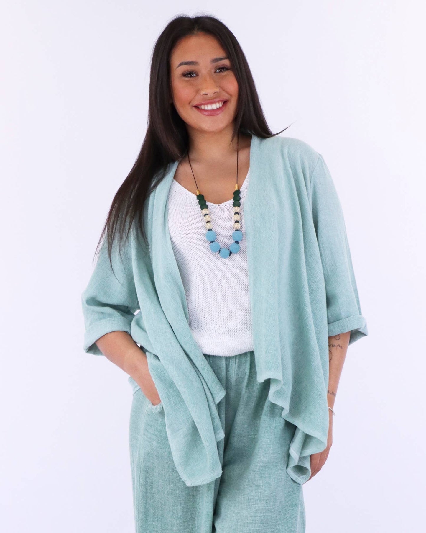 Cadenza Linen and Cotton Blend Waterfall Front Cardi: One Size