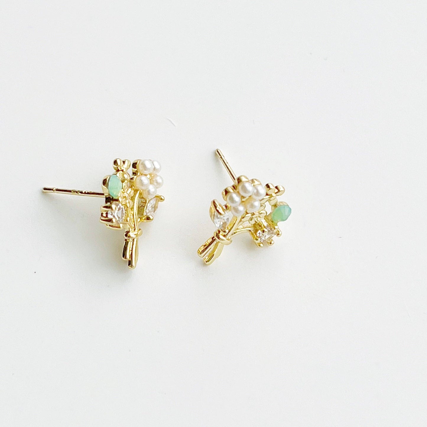 Ninaouity - Gold Flower Banquet with Pearl and Green Crystal Earrings