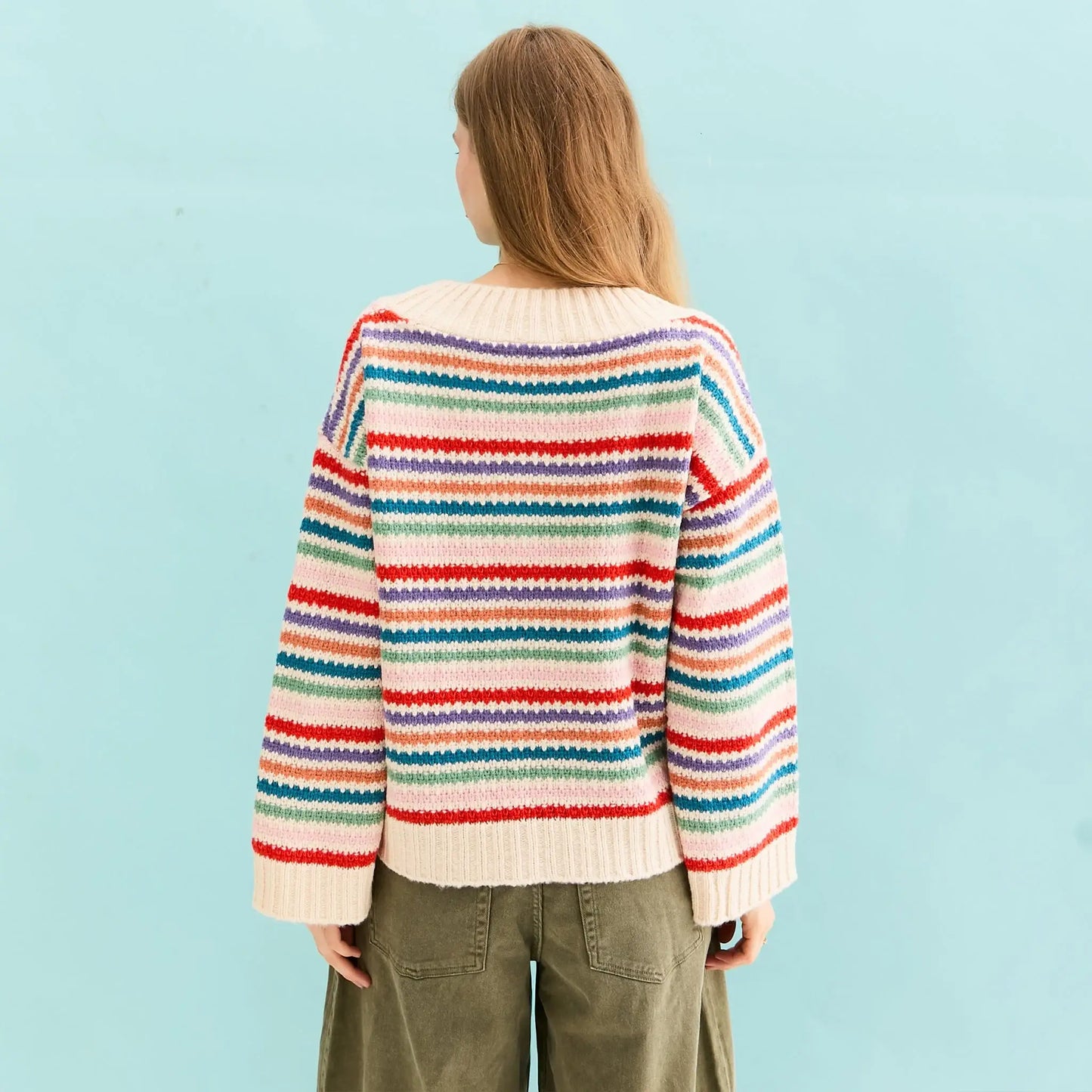 Cara & The Sky - Jasmine Wide Sleeve V Neck Striped Jumper | Women's Knitwear