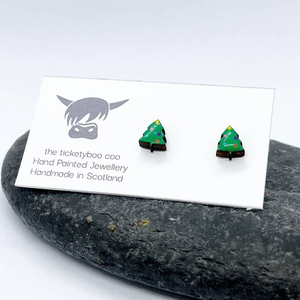 Hand-Painted Wooden Christmas Tree Earrings