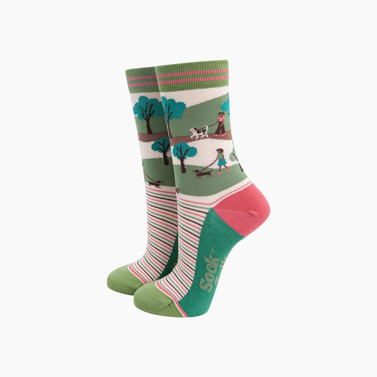 Dog Walking Bamboo Socks in Green/Pink