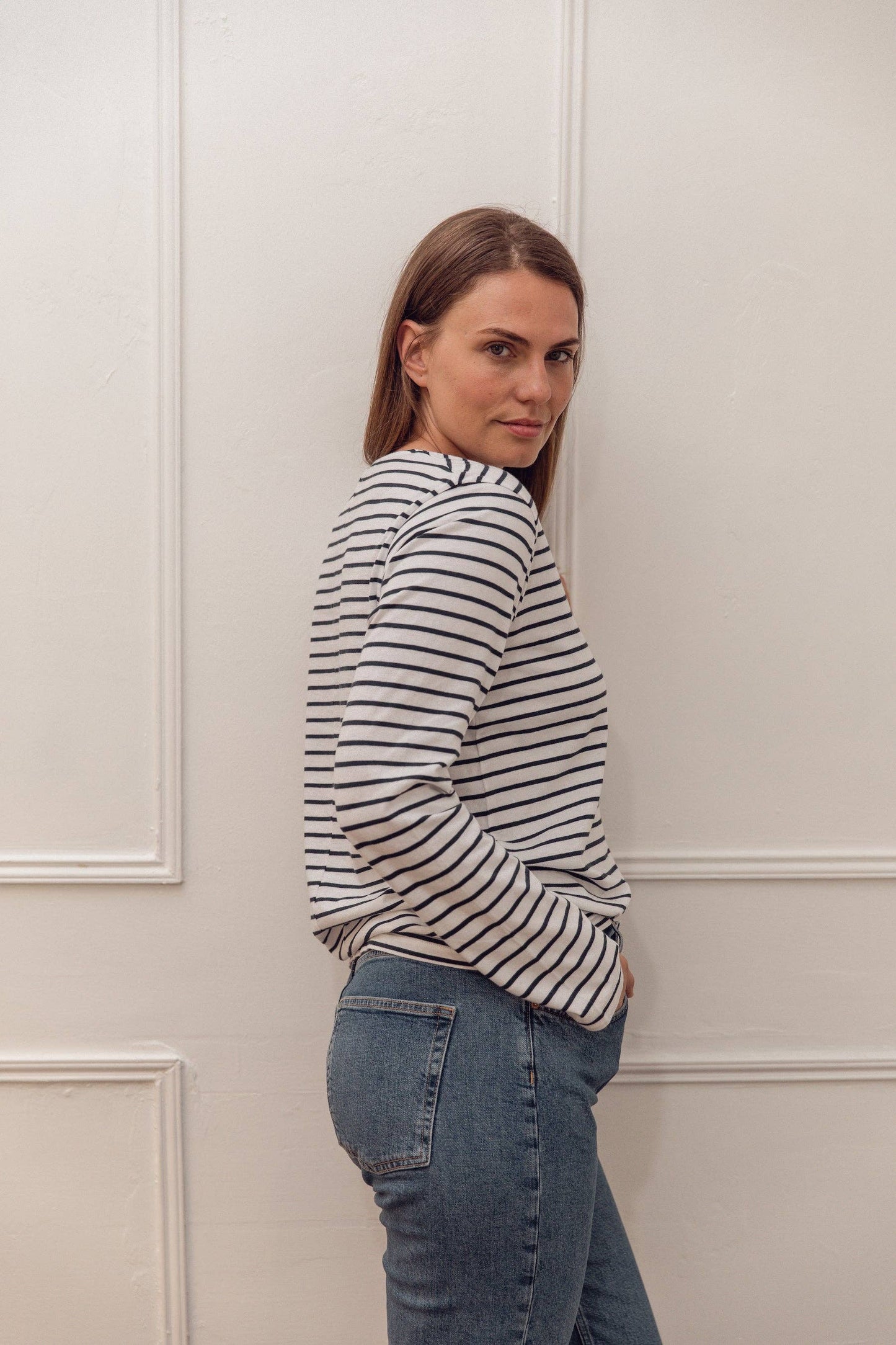 Ivy Layla Organic Cotton Crew Navy Breton:  100% Organic Cotton