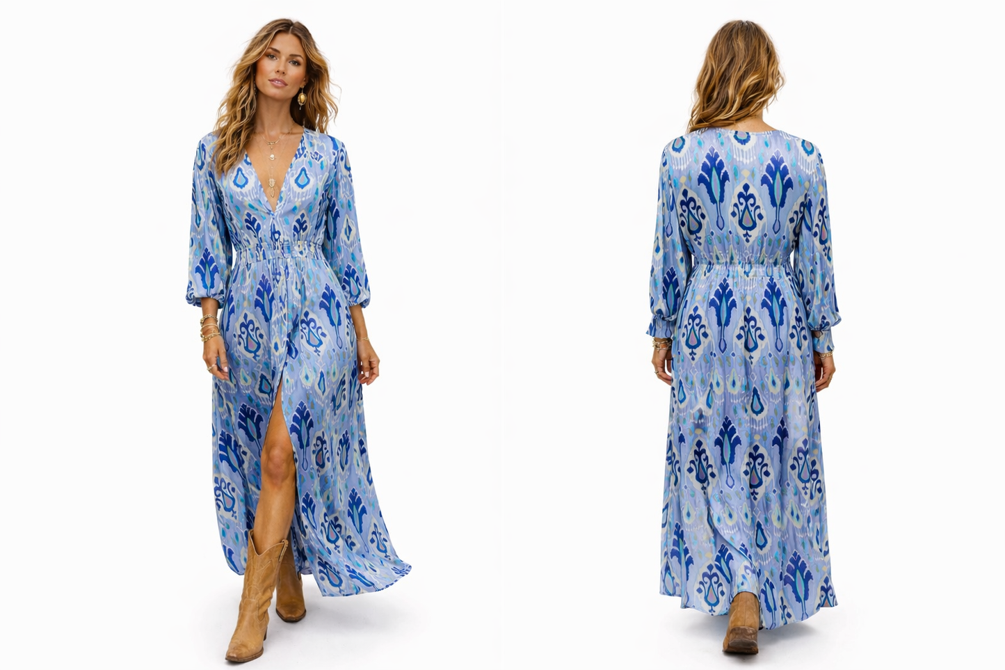 Aztec print satin button through maxi dress