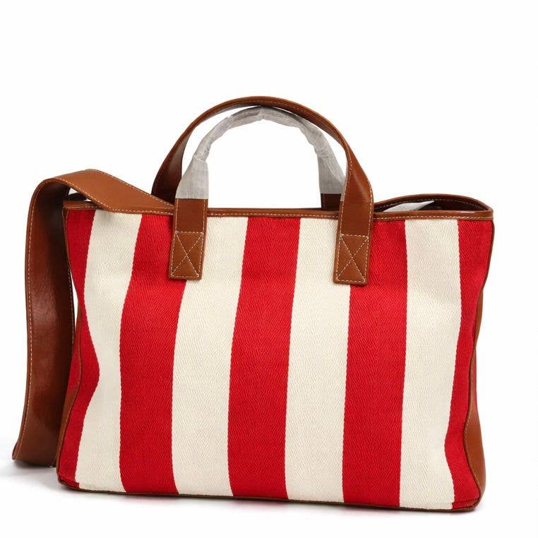 Tokeii Ltd - Canvas & Leather Stripe Tote Bag