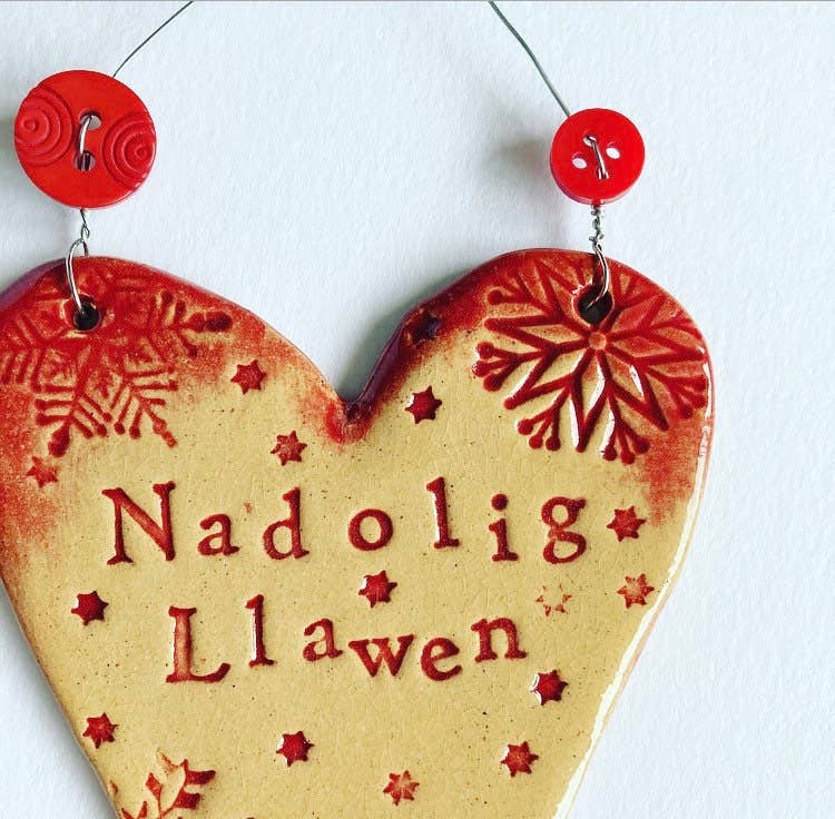 Nadolig Llawen Welsh Ceramic Heart/Star Decoration