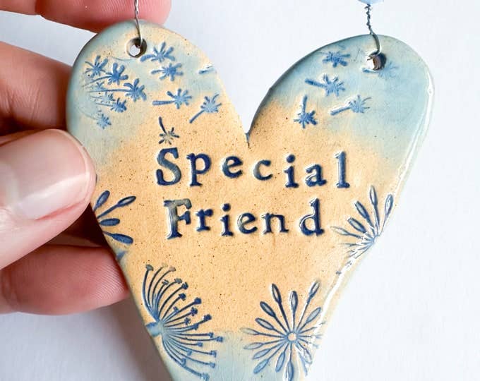 Special Friend ceramic hanging heart. Made in Wales.
