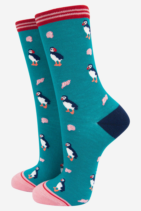 Women's Bamboo Socks - Turquoise, Puffins