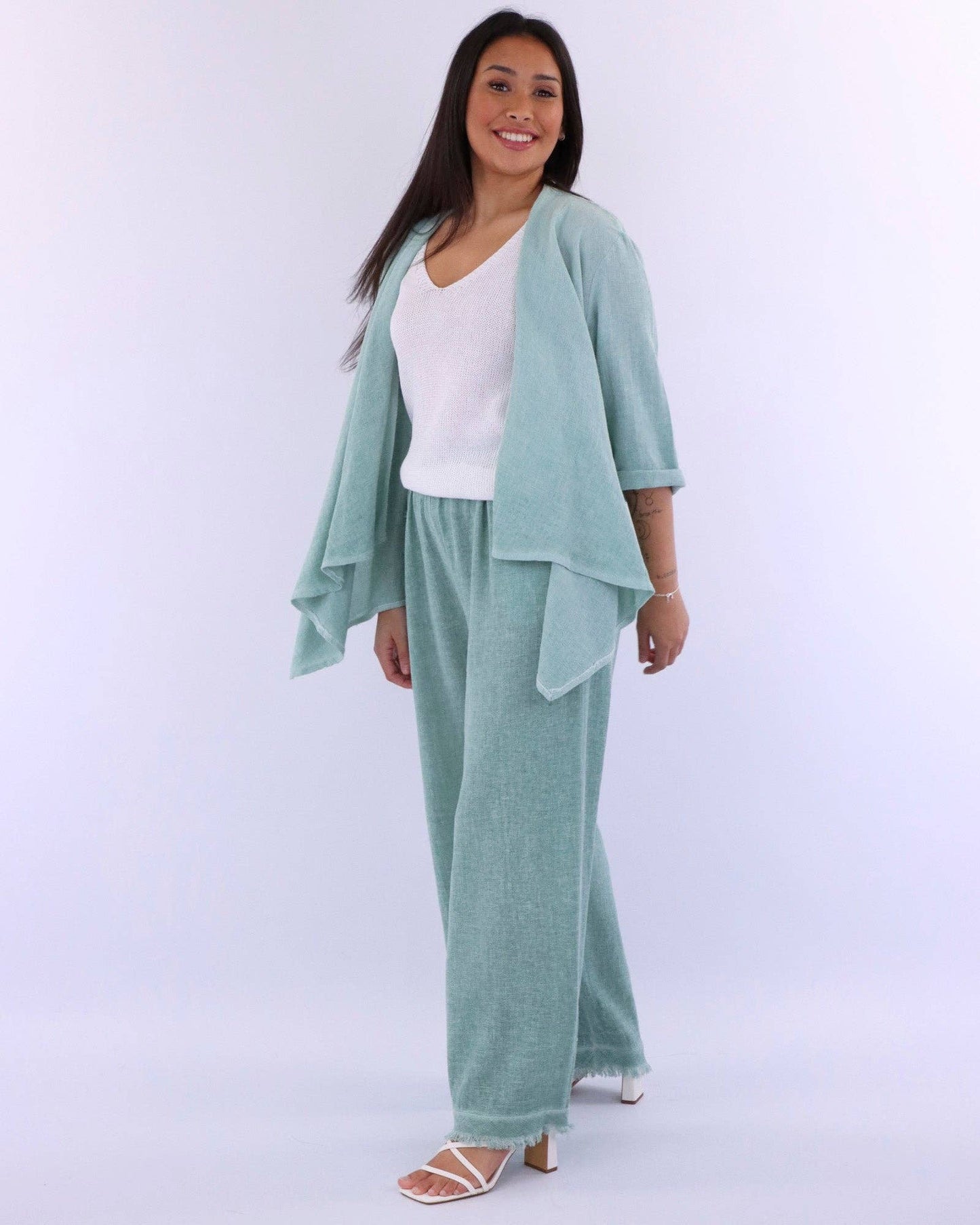 Cadenza Linen and Cotton Blend Waterfall Front Cardi: One Size