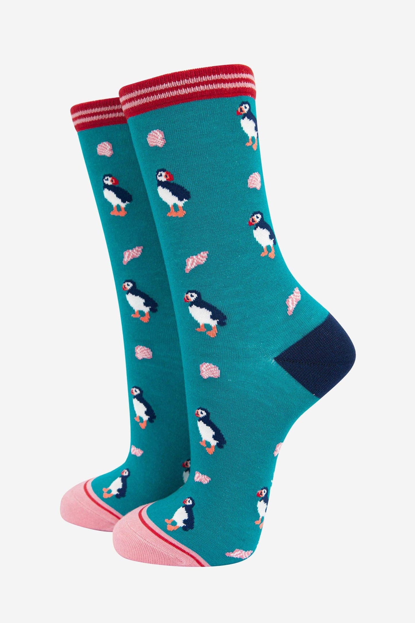 Women's Bamboo Socks - Turquoise, Puffins