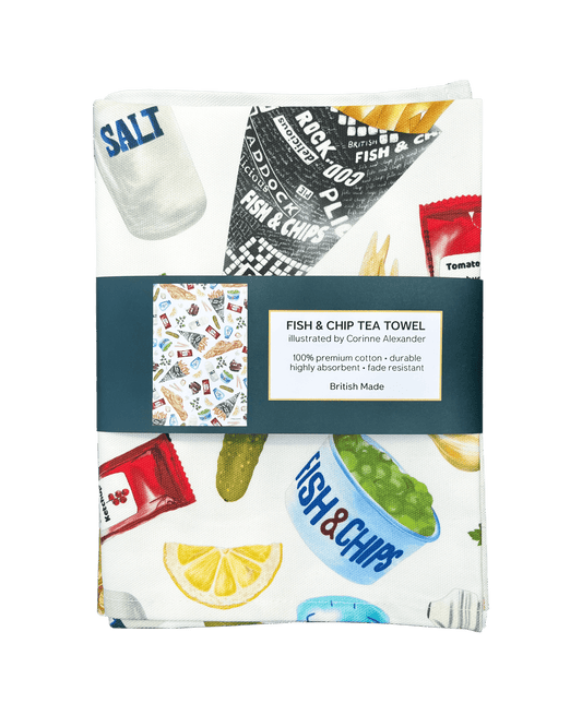 Corinne Alexander - Fish & Chip Tea Towel - 100% Cotton - Novelty Kitchen Towel