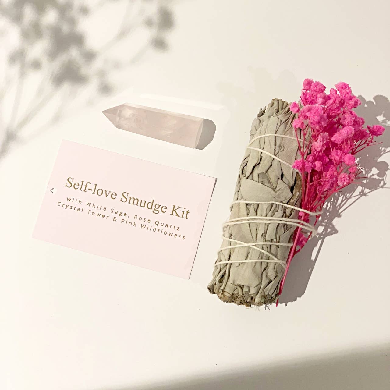 The Sun & My Soul Self-love Smudge Kit - White Sage Smudge, Rose Quartz Tower