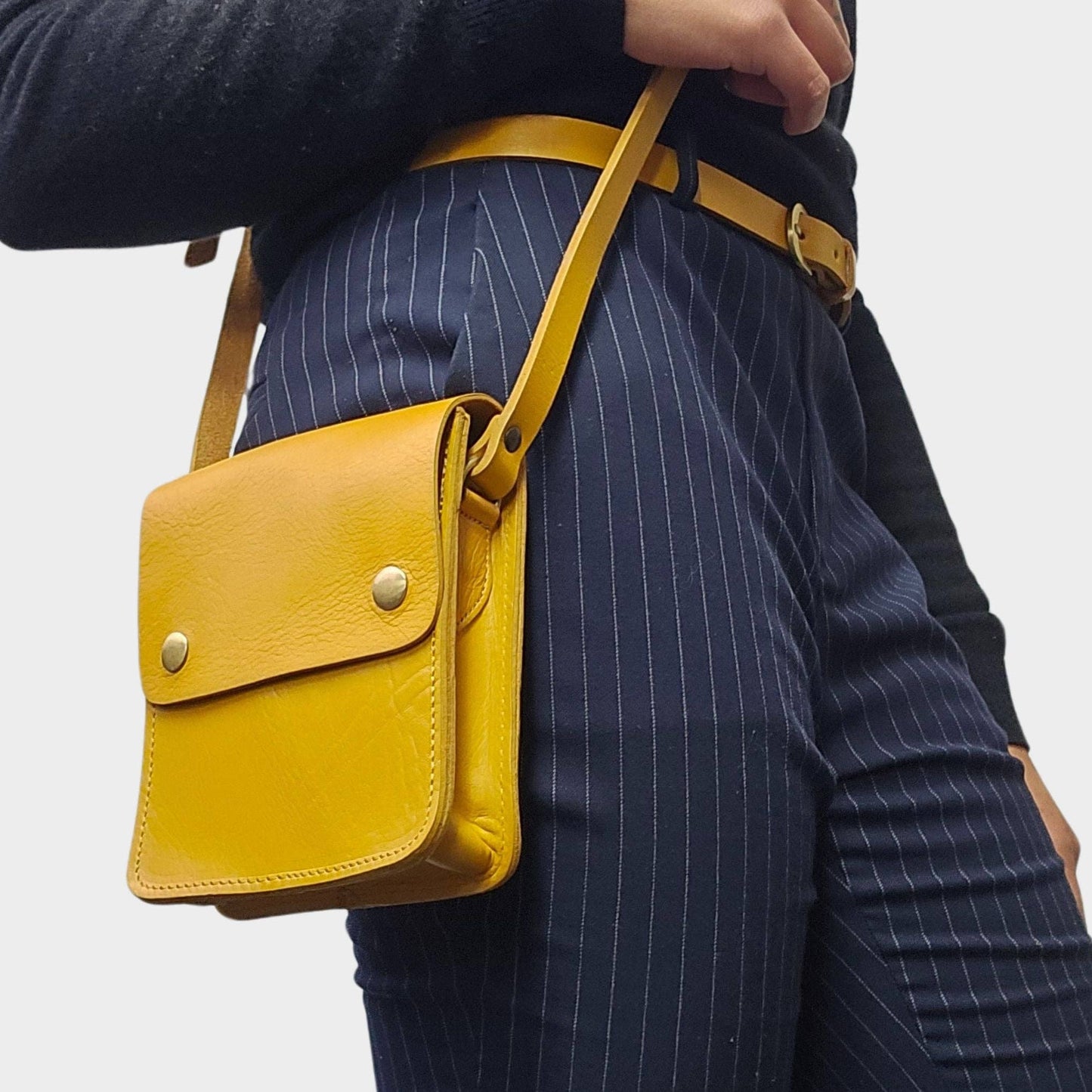 Yellow Small Leather Crossbody Bag with Pop Closure