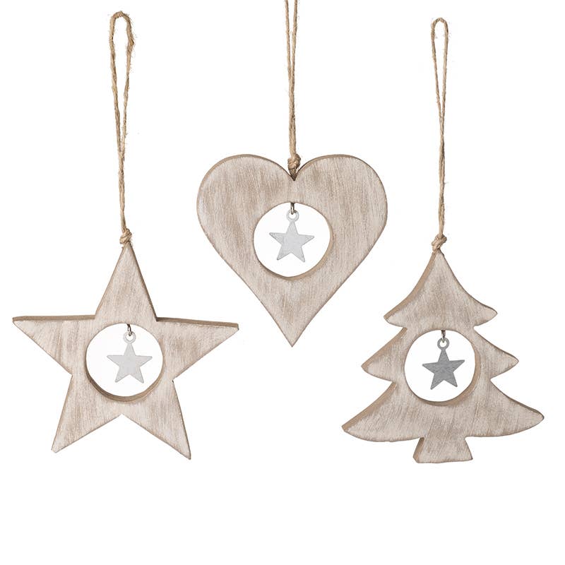 WOODEN TREE HEART STAR WITH STARS MIX
