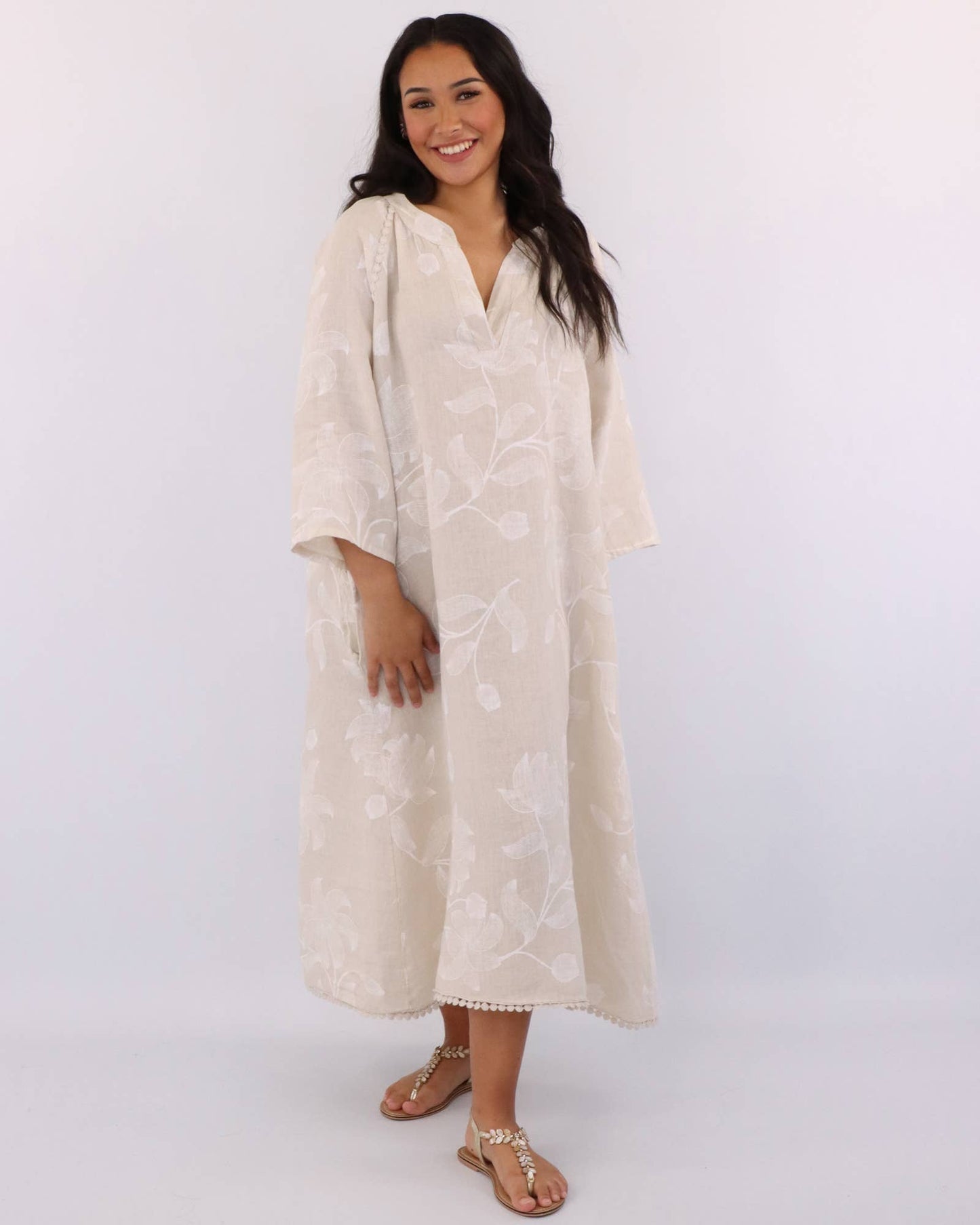 Cadenza Lace Edge Linen Midi Dress: Cream