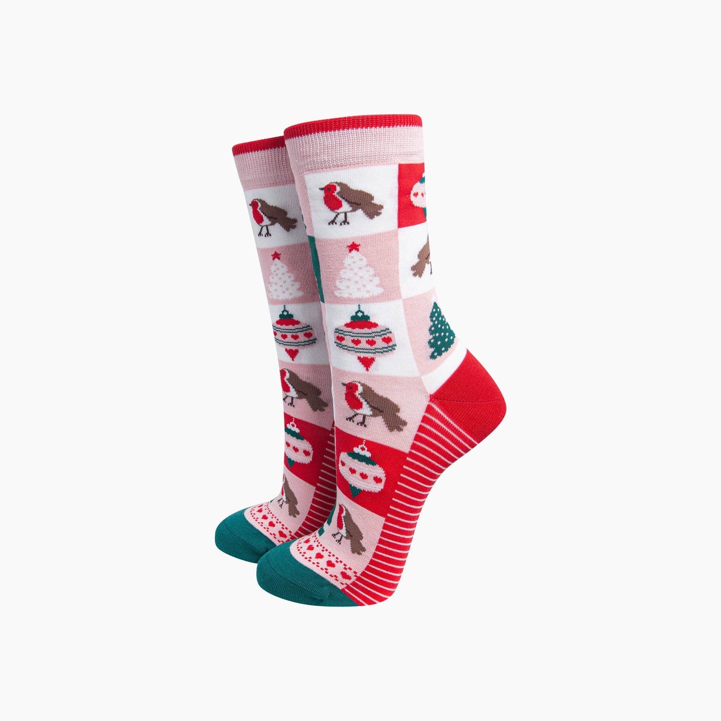 Christmas Tree Squares Women's Bamboo Socks in Soft Pink/Red