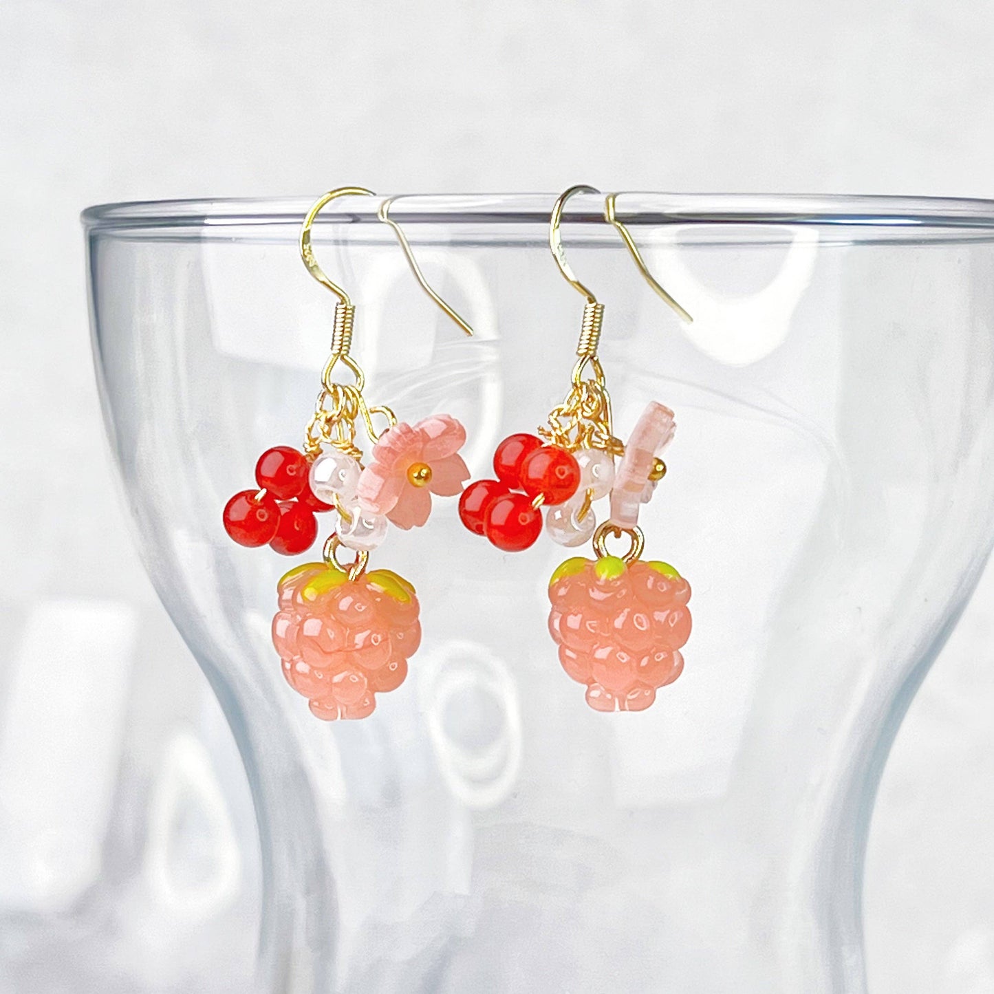 Ninaouity Handmade Pink Raspberry and Flowers Earrings