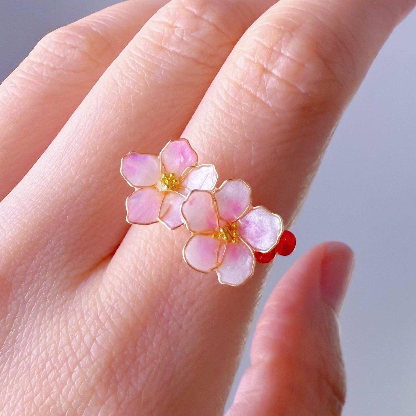 Ninaouity - Handmade Little Dark Pink Cherry Blossom Flowers Ring