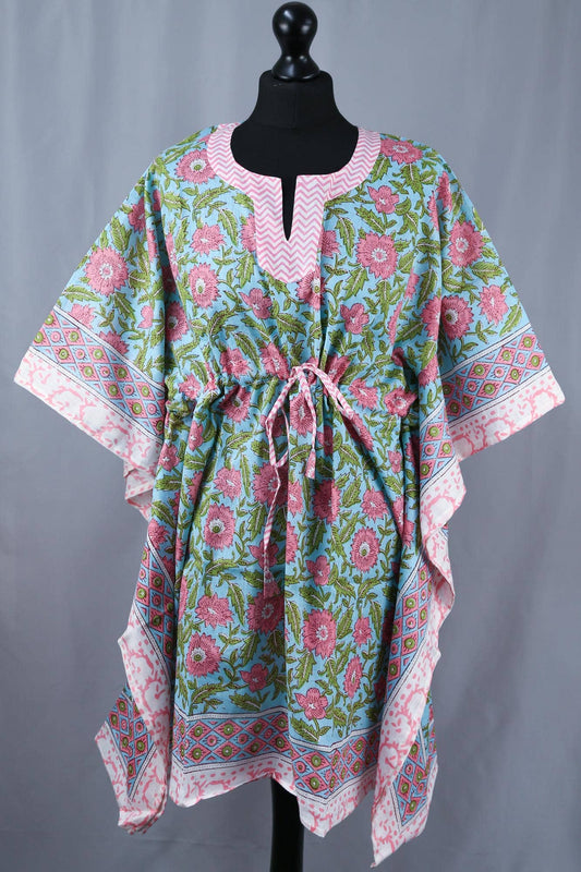 Kanthor Decor Block Printed Cotton Coverup / Kaftans -Turquoise Pink Flora