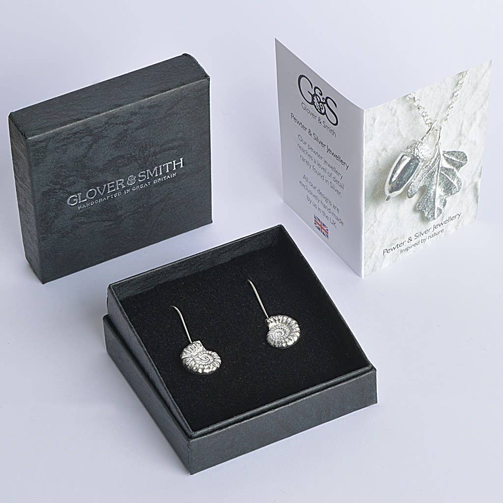 Ammonite Fossil Drop Earrings, English Pewter Jewellery