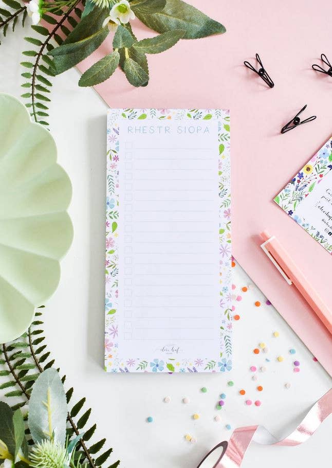 Welsh DL Floral Shopping List Notepad - Rhestr Siopa: No magnetic strip