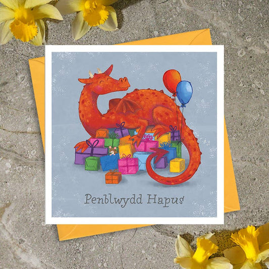 Penblwydd Hapus (Birthday Dragon and presents) WELSH Card