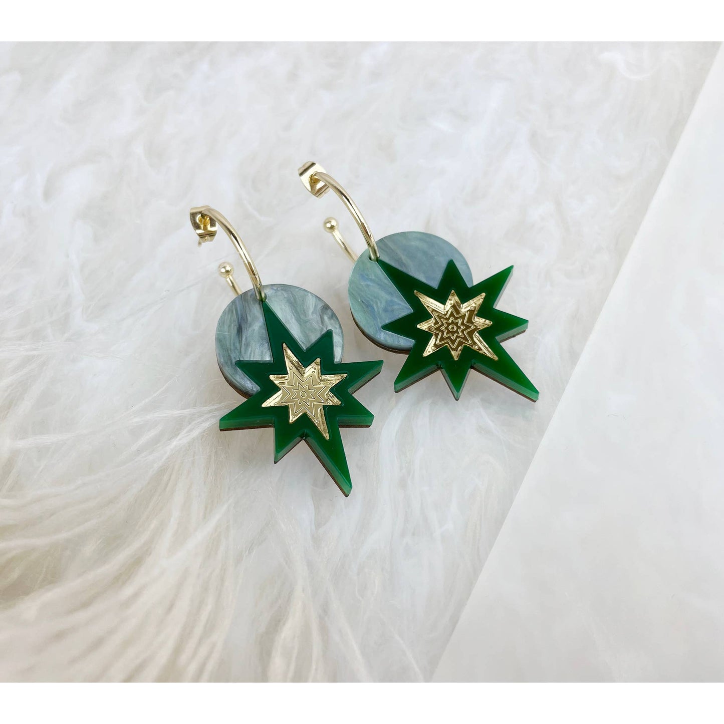 Rosa Pietsch - Seren Geo Star Hoop Earrings: Mint Green Marble and Gold