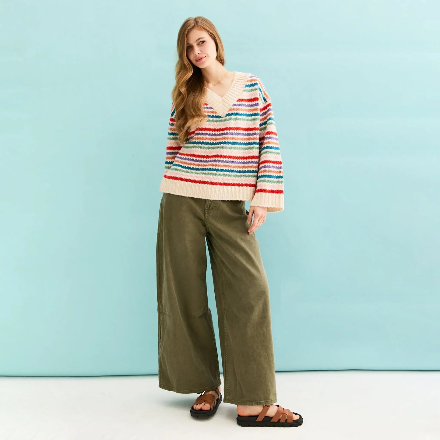 Cara & The Sky - Jasmine Wide Sleeve V Neck Striped Jumper | Women's Knitwear