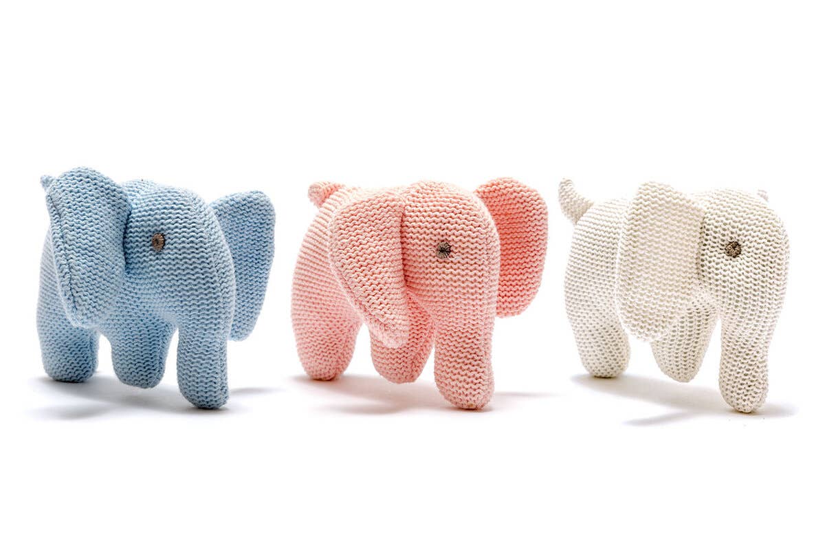 White Elephant Baby Rattle, Knitted Organic Cotton
