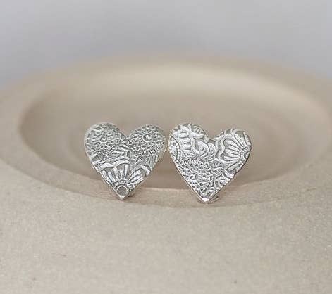 Sterling Silver Textured Heart Studs