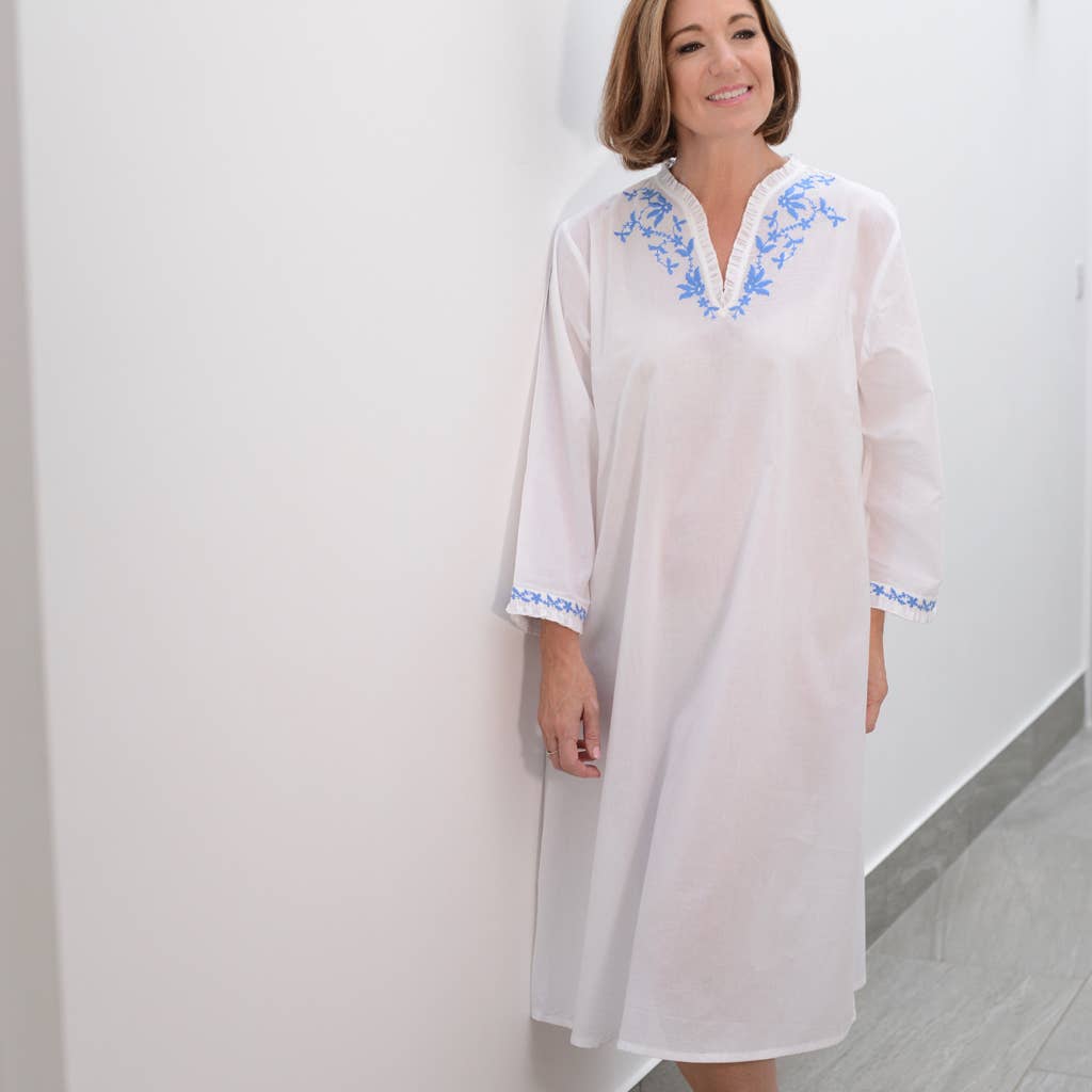 Blue & White Company Long Sleeved Cotton Nightdress with Embroidery