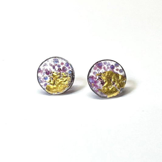 Glass and Gold Midi Mottled Stud Earrings, Tanzanite