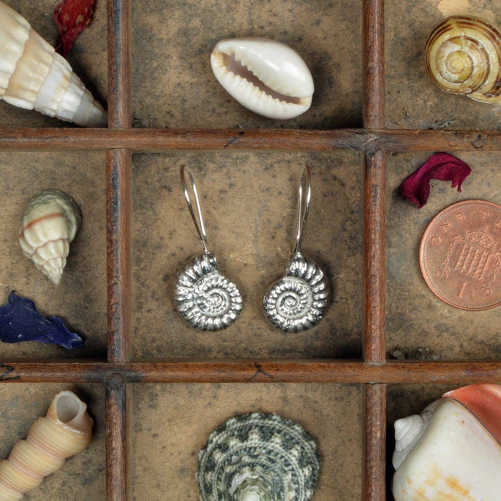Ammonite Fossil Drop Earrings, English Pewter Jewellery