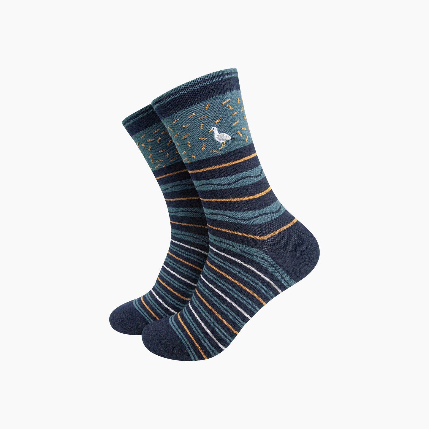 Seagull Combed Cotton Pattern Embroidered Socks in Teal/Navy Blue